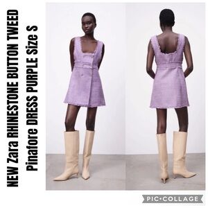 Zara RHINESTONE BUTTON TWEED Pinafore DRESS PURPLE Size S